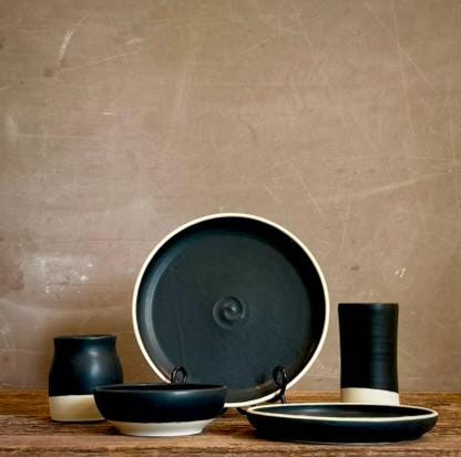 Handmade Ceramic Dinnerware Set | Blackstone Artisan Stoneware Dinner Set | Plate, Salad Plate, Bowl & Tumbler