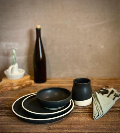 Handmade Ceramic Dinnerware Set | Blackstone Artisan Stoneware Dinner Set | Plate, Salad Plate, Bowl & Tumbler