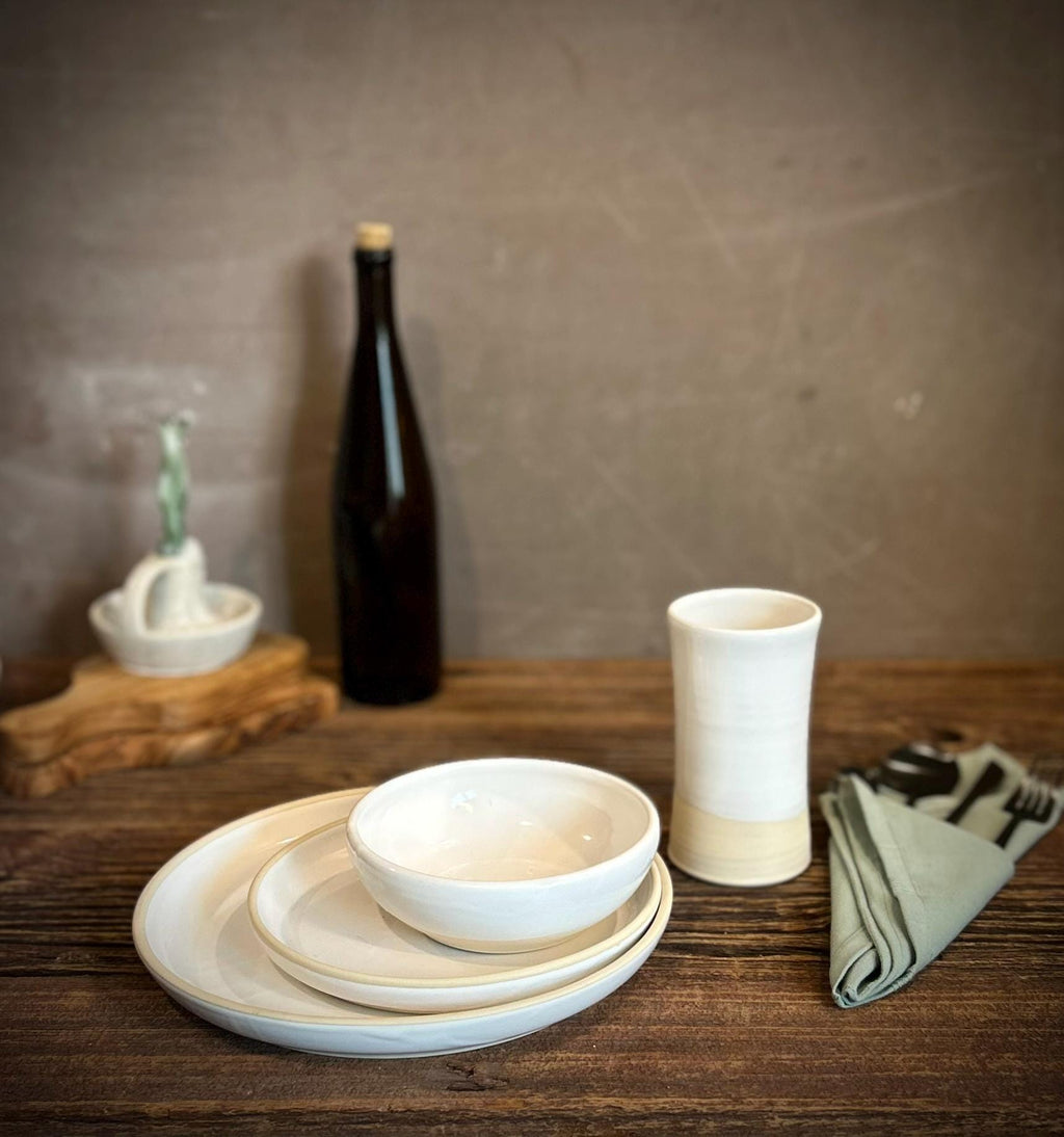 Handmade Ceramic Dinnerware Set | White Dove Artisan Stoneware Dinner Set | Plate, Salad Plate, Bowl & Tumbler