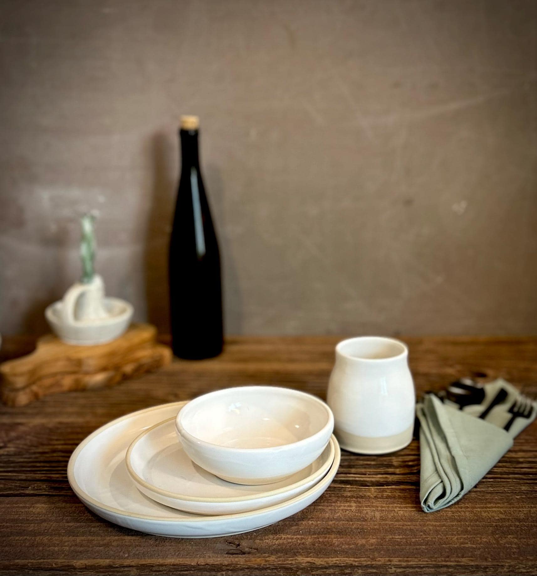 Handmade Ceramic Dinnerware Set | White Dove Artisan Stoneware Dinner Set | Plate, Salad Plate, Bowl & Tumbler