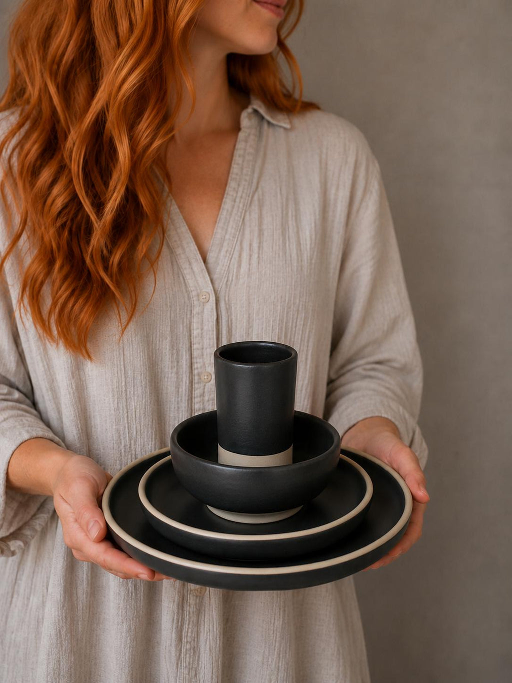 Handmade Ceramic Dinnerware Set | Blackstone Artisan Stoneware Dinner Set | Plate, Salad Plate, Bowl & Tumbler