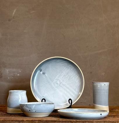 Handmade Ceramic Dinnerware Set | Linen Gray Artisan Stoneware Dinner Set | Plate, Salad Plate, Bowl & Tumbler