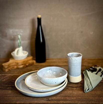 Handmade Ceramic Dinnerware Set | Linen Gray Artisan Stoneware Dinner Set | Plate, Salad Plate, Bowl & Tumbler