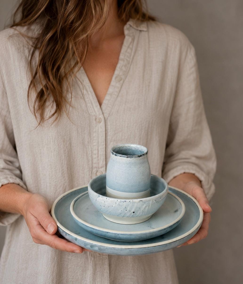Handmade Ceramic Dinnerware Set | Linen Gray Artisan Stoneware Dinner Set | Plate, Salad Plate, Bowl & Tumbler