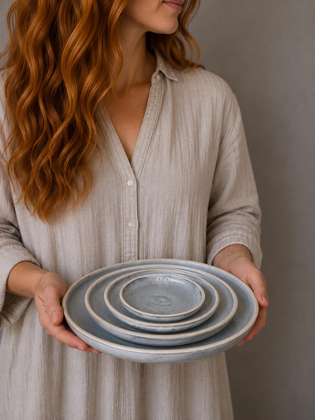 Handmade Ceramic Dinnerware Set | Linen Gray Artisan Stoneware Dinner Set | Plate, Salad Plate, Bowl & Tumbler