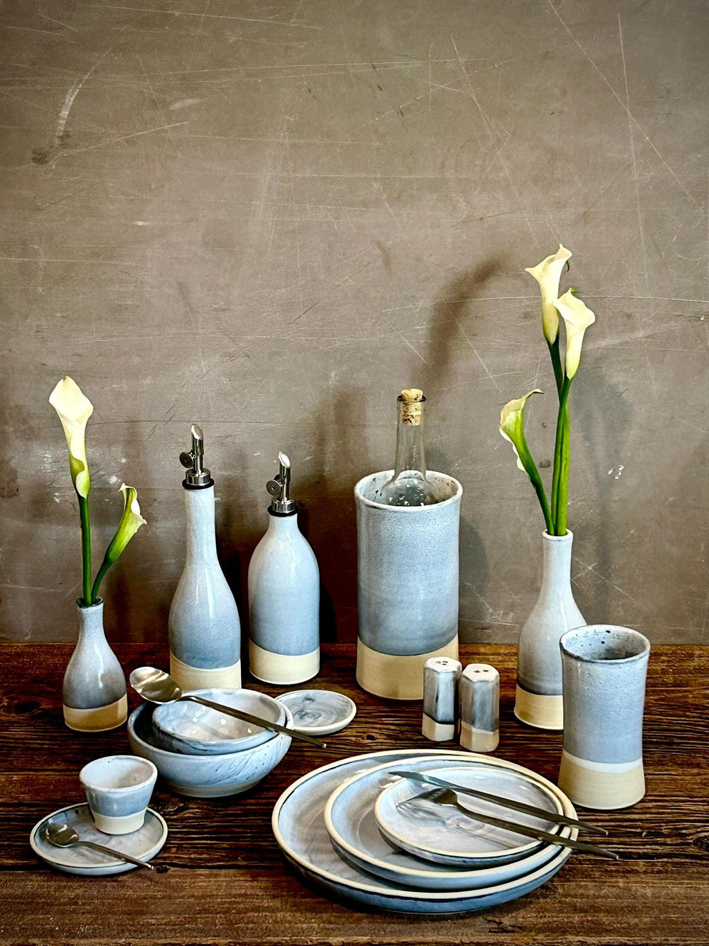 Handmade Ceramic Dinnerware Set | Linen Gray Artisan Stoneware Dinner Set | Plate, Salad Plate, Bowl & Tumbler