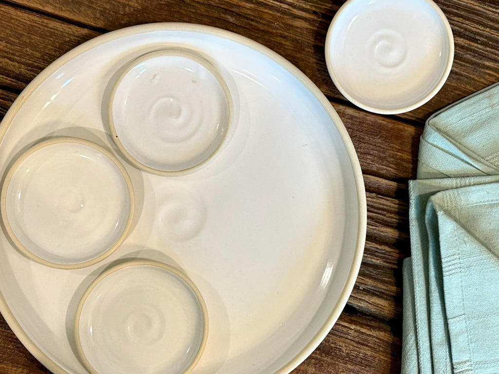Handmade Ceramic Prep Plate Set | White Dove Stoneware Artisan Condiment Plates | Olive Oil Dipping Plates | Available in Sets of 4, 6 or 8