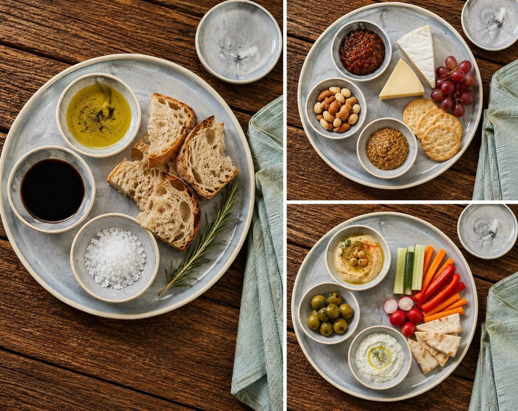 Handmade Ceramic Prep Plate Set | Linen Gray Stoneware Artisan Condiment Plates | Olive Oil Dipping Plates | Available in Sets of 4, 6 or 8