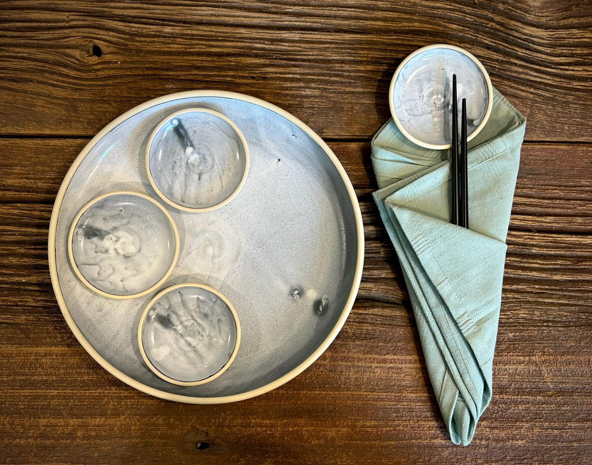 Handmade Ceramic Serving Plate SET | Linen Gray Large Serving Plate with 4 Prep Plates | Stoneware Appetizer & Charcuterie | Sushi | Mezze