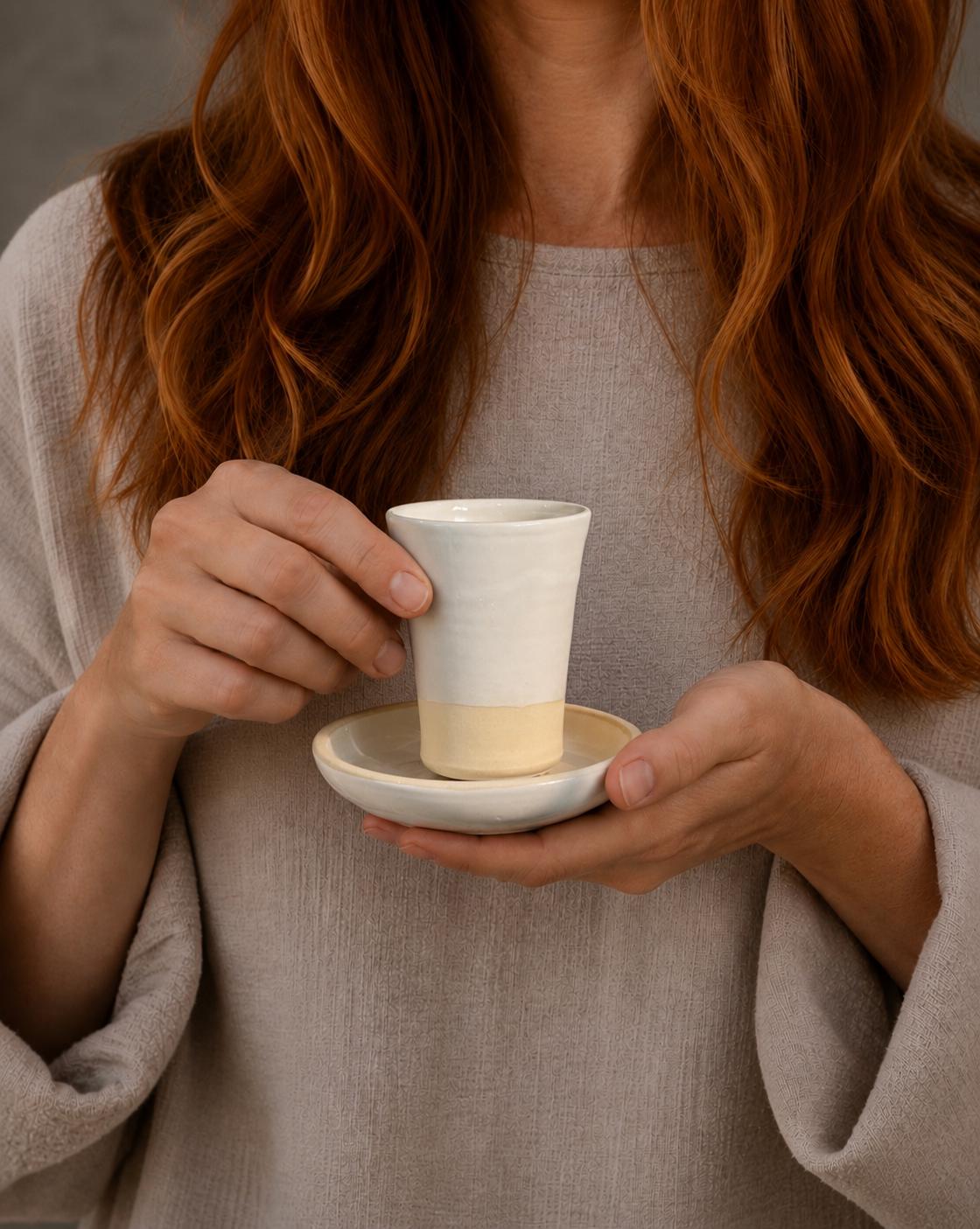 Handmade 4 oz Espresso Cup SET | Cup& Saucer | White Dove Tall Ceramic Demitasse SET | Stoneware Cortado Cup | Handmade Espresso Lover Gift