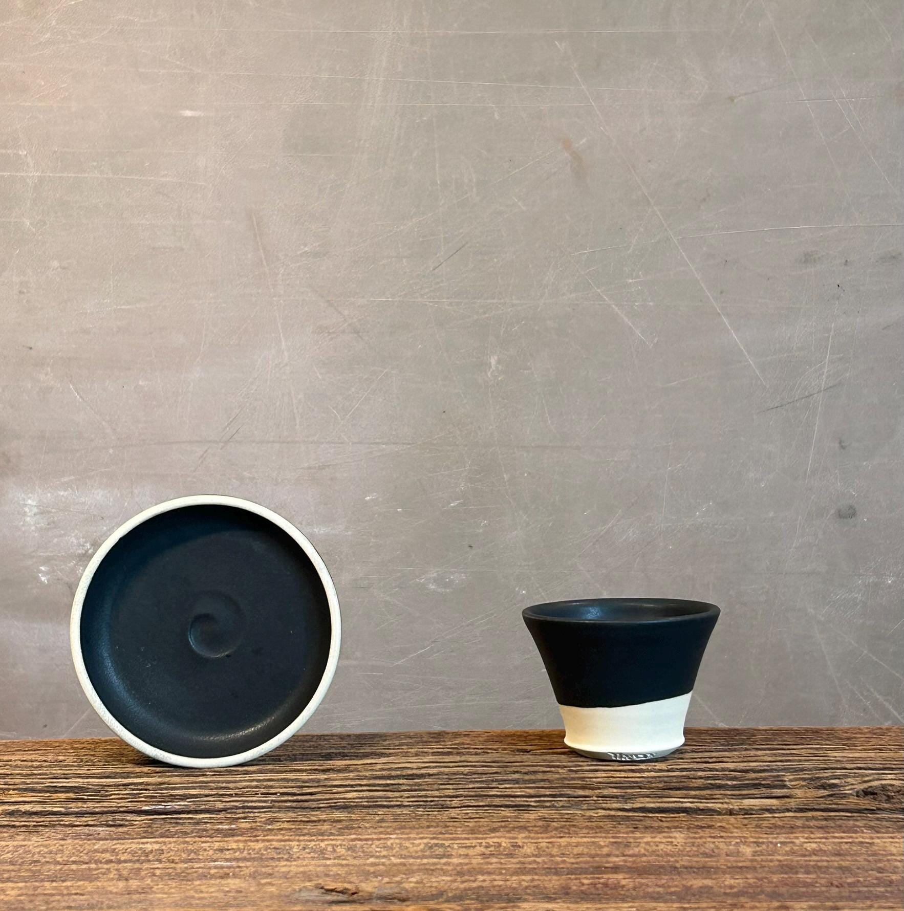 Handmade 4 oz Espresso Cup SET | Cup& Saucer | Blackstone Wide Ceramic Demitasse SET | Stoneware Cortado Cup | Handmade Espresso Lover Gift