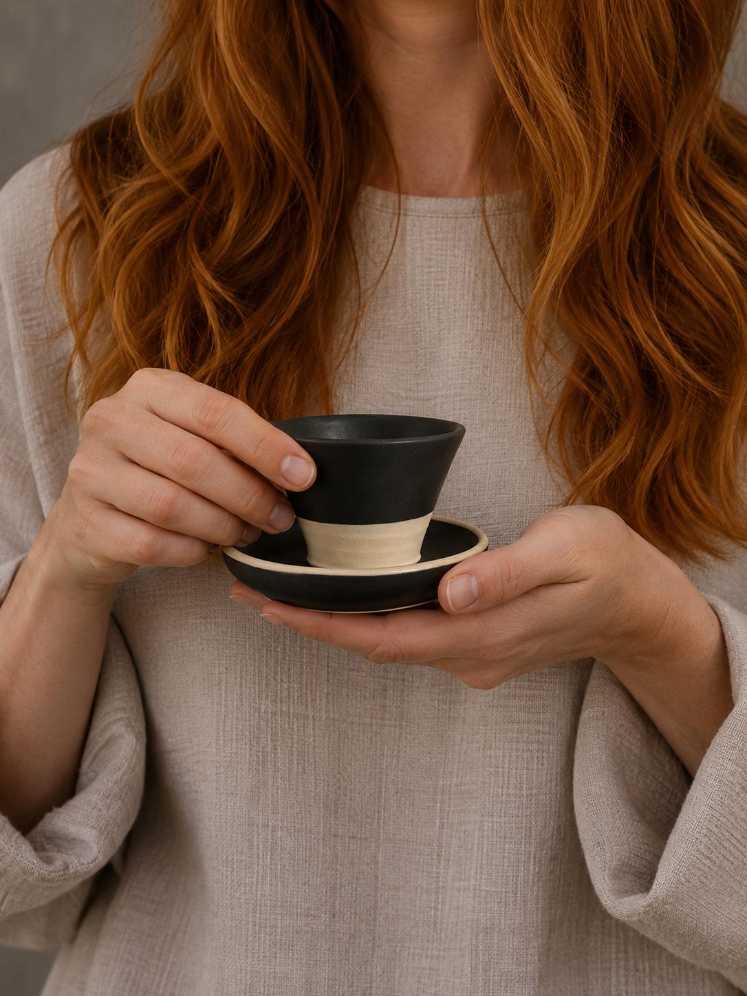 Handmade 4 oz Espresso Cup SET | Cup& Saucer | Blackstone Wide Ceramic Demitasse SET | Stoneware Cortado Cup | Handmade Espresso Lover Gift