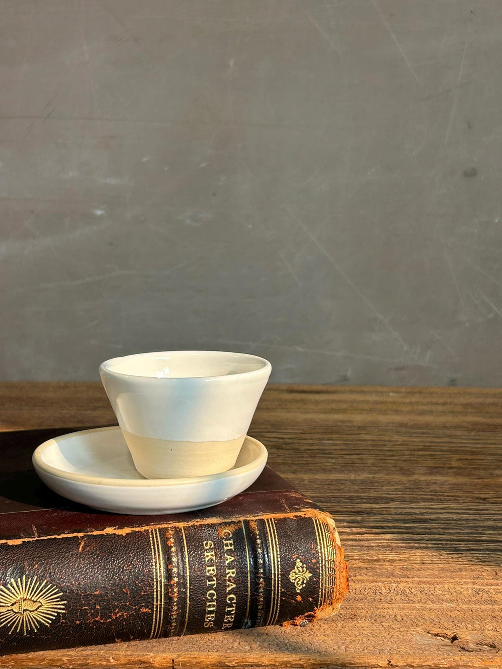 Handmade 4 oz Espresso Cup SET | Cup& Saucer | White Dove Wide Ceramic Demitasse SET | Stoneware Cortado Cup | Handmade Espresso Lover Gift