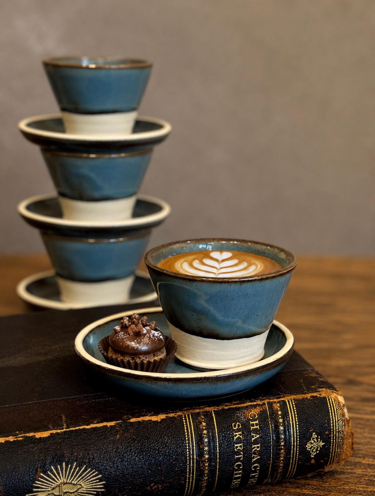 Handmade 4 oz Espresso Cup SET | Cup& Saucer | Riverdrfit Wide Ceramic Demitasse SET | Stoneware Cortado Cup | Handmade Espresso Lover Gift