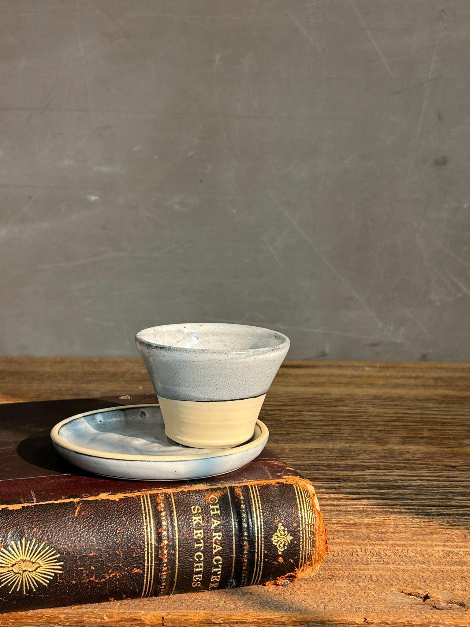 Handmade 4 oz Espresso Cup SET | Cup& Saucer | Linen Gray Wide Ceramic Demitasse SET | Stoneware Cortado Cup | Handmade Espresso Lover Gift