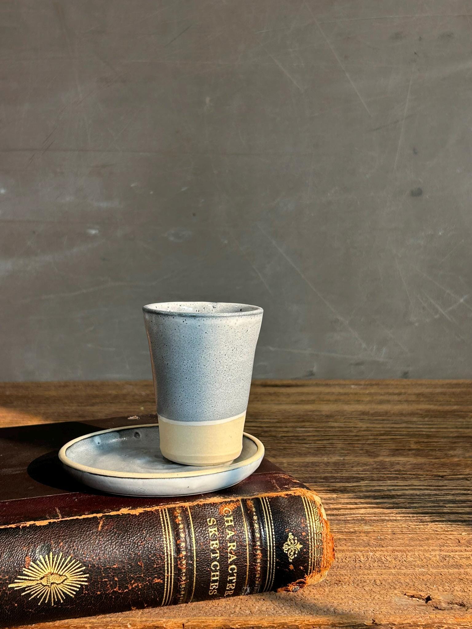 Handmade 4 oz Espresso Cup SET | Cup& Saucer | Linen Gray Tall Ceramic Demitasse SET | Stoneware Cortado Cup | Handmade Espresso Lover Gift