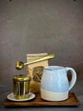 Handmade Loose Leaf Tea Gift Set | Ceramic Bell Mug with Lid, Stainless Steel Infuser, Tea Scoop & Acacia Tray | Linen Gray | Gift Basket