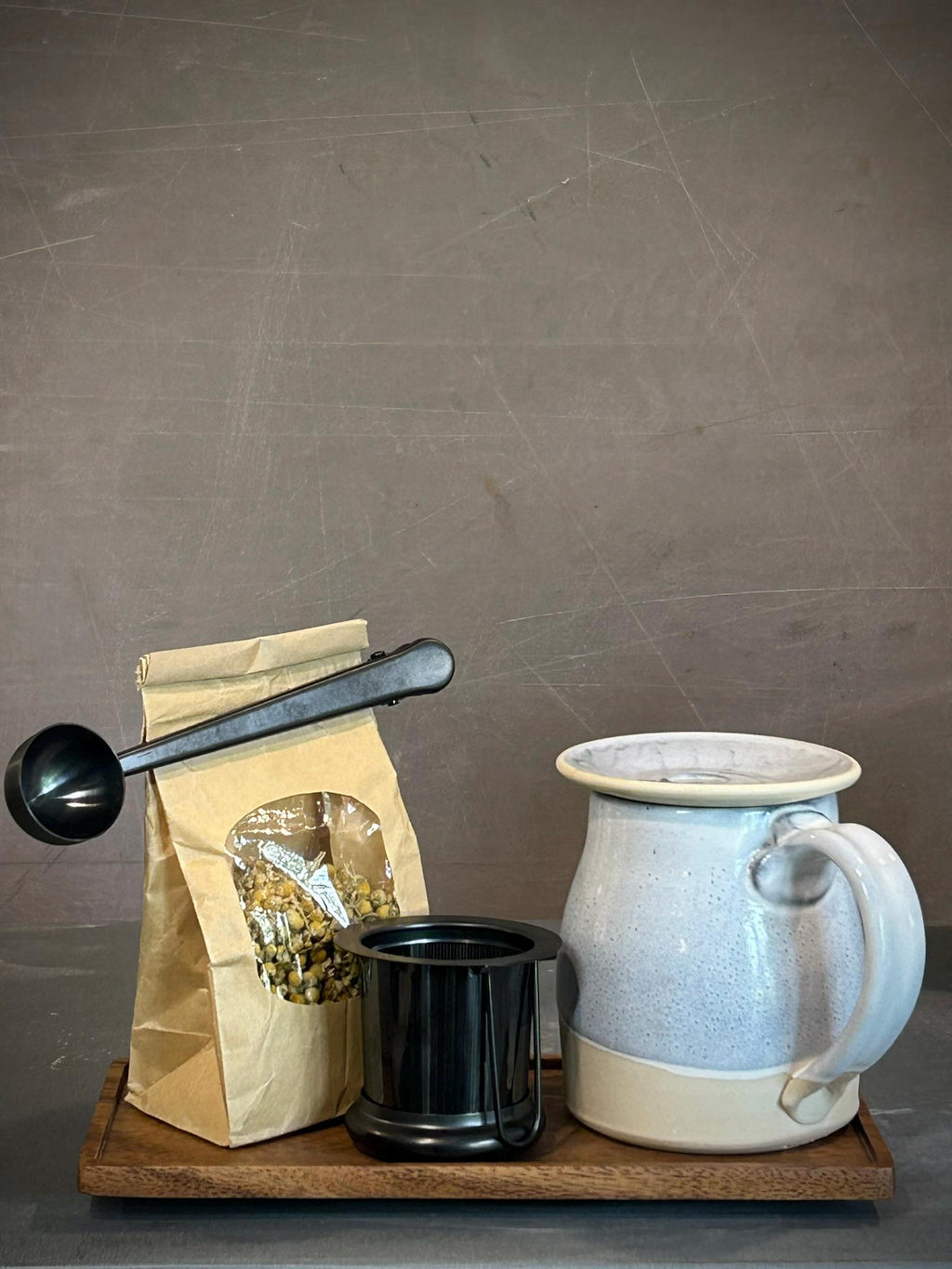 Handmade Loose Leaf Tea Gift Set | Ceramic Bell Mug with Lid, Stainless Steel Infuser, Tea Scoop & Acacia Tray | Linen Gray | Gift Basket