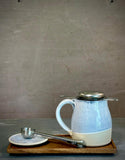 Handmade Loose Leaf Tea Gift Set | Ceramic Bell Mug with Lid, Stainless Steel Infuser, Tea Scoop & Acacia Tray | Linen Gray | Gift Basket