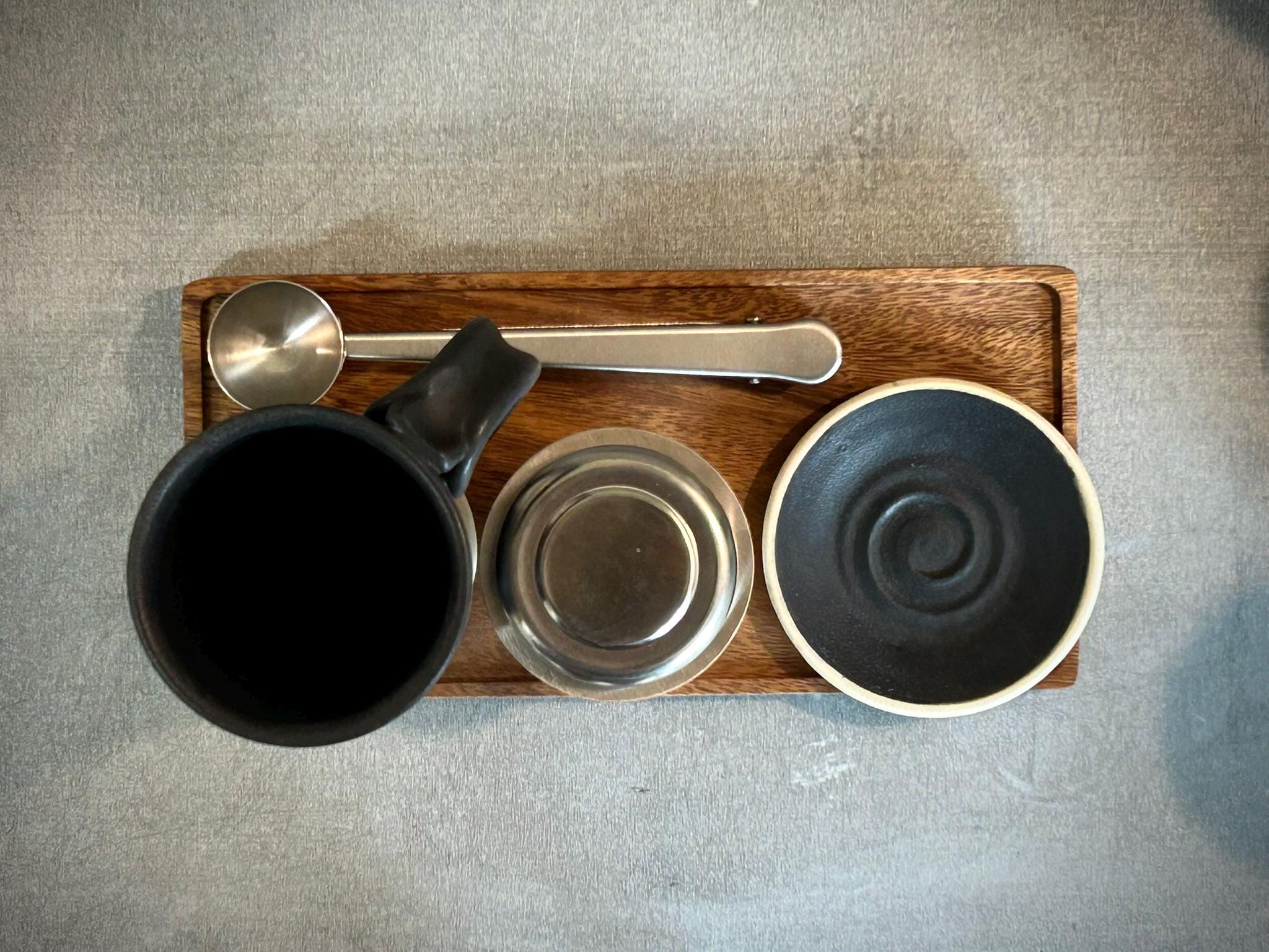 Handmade Loose Leaf Tea Gift Set | Ceramic Tall Mug with Lid, Stainless Steel Infuser, Tea Scoop & Acacia Tray | Blackstone | Gift Basket