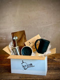 Handmade Loose Leaf Tea Gift Set | Ceramic Tall Mug with Lid, Stainless Steel Infuser, Tea Scoop & Acacia Tray | Blackstone | Gift Basket