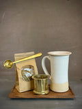 Handmade Loose Leaf Tea Gift Set | Ceramic Tall Mug with Lid, Stainless Steel Infuser, Tea Scoop & Acacia Tray | White Dove | Gift Basket