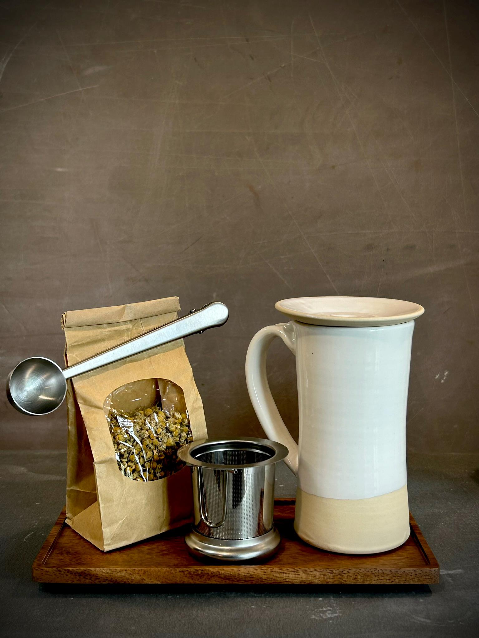 Handmade Loose Leaf Tea Gift Set | Ceramic Tall Mug with Lid, Stainless Steel Infuser, Tea Scoop & Acacia Tray | White Dove | Gift Basket