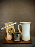 Handmade Loose Leaf Tea Gift Set | Ceramic Tall Mug with Lid, Stainless Steel Infuser, Tea Scoop & Acacia Tray | White Dove | Gift Basket