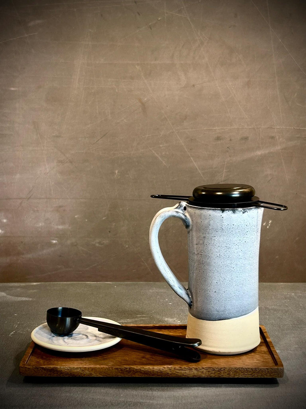 Handmade Loose Leaf Tea Gift Set | Ceramic Tall Mug with Lid, Stainless Steel Infuser, Tea Scoop & Acacia Tray | Linen Gray | Gift Basket