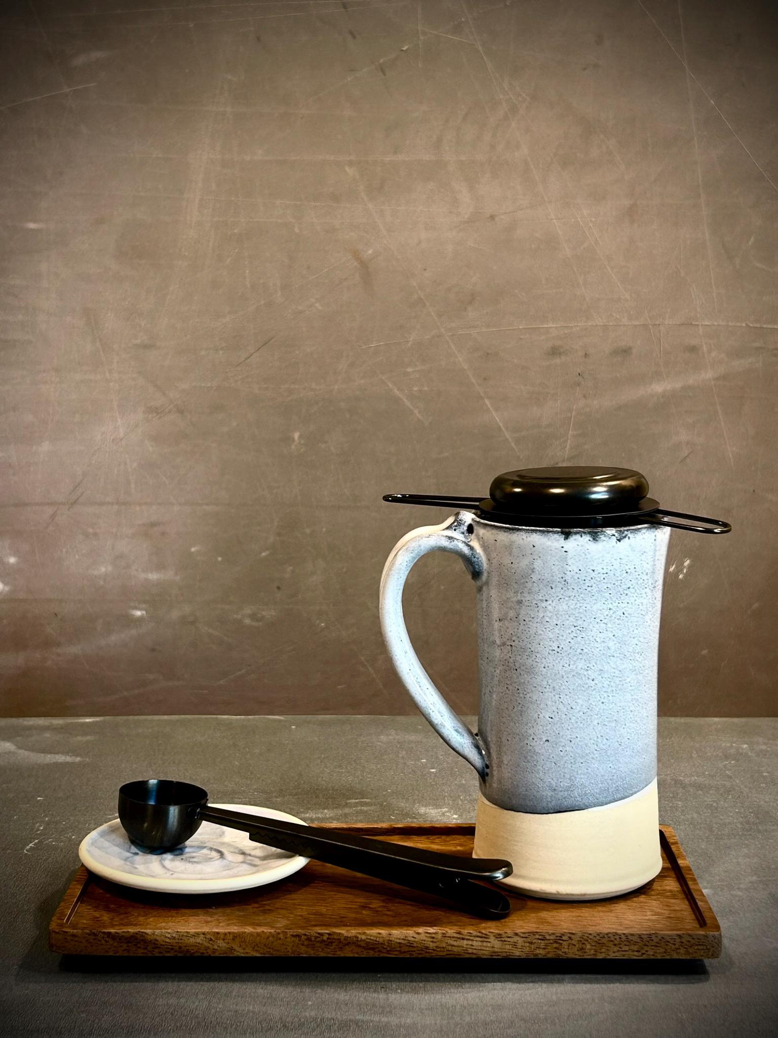 Handmade Loose Leaf Tea Gift Set | Ceramic Tall Mug with Lid, Stainless Steel Infuser, Tea Scoop & Acacia Tray | Linen Gray | Gift Basket