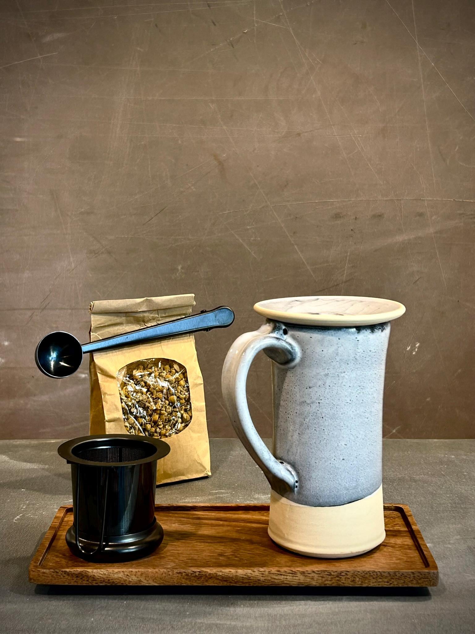 Handmade Loose Leaf Tea Gift Set | Ceramic Tall Mug with Lid, Stainless Steel Infuser, Tea Scoop & Acacia Tray | Linen Gray | Gift Basket