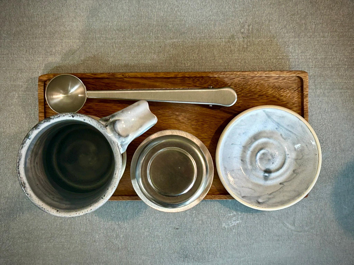 Handmade Loose Leaf Tea Gift Set | Ceramic Tall Mug with Lid, Stainless Steel Infuser, Tea Scoop & Acacia Tray | Linen Gray | Gift Basket