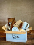 Handmade Loose Leaf Tea Gift Set | Ceramic Tall Mug with Lid, Stainless Steel Infuser, Tea Scoop & Acacia Tray | Linen Gray | Gift Basket