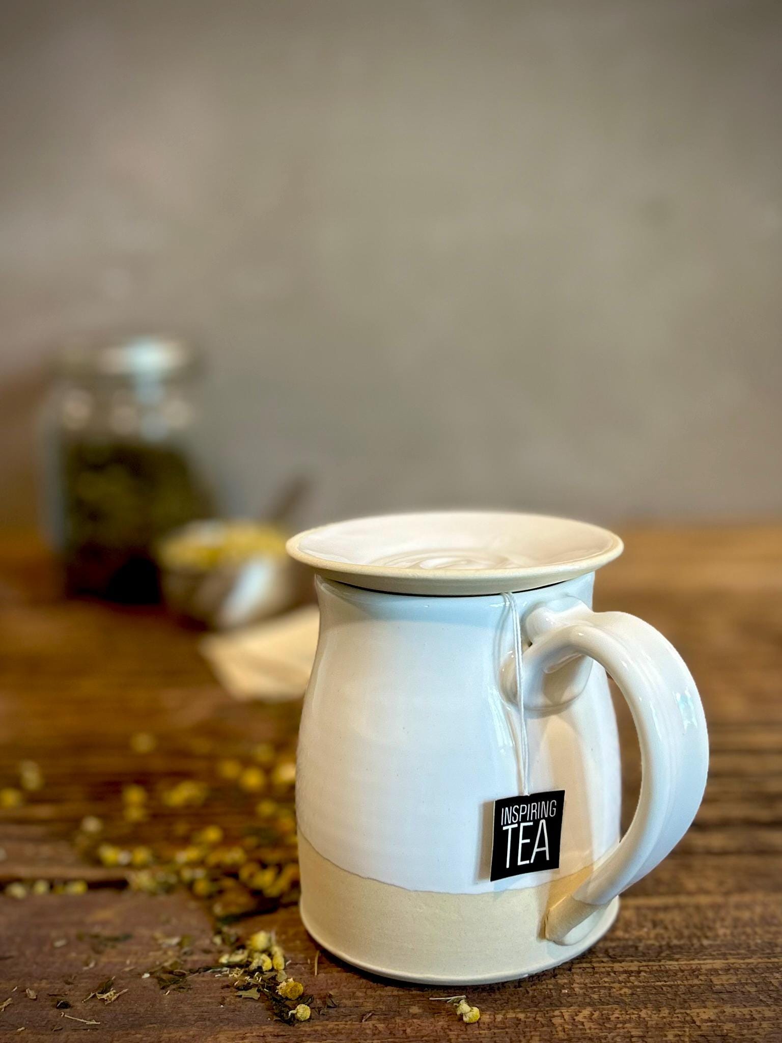 Handmade Ceramic Bell Mug with Multi-Use Lid Set | White Dove | Pottery Coffee Cup | Wheel Thrown