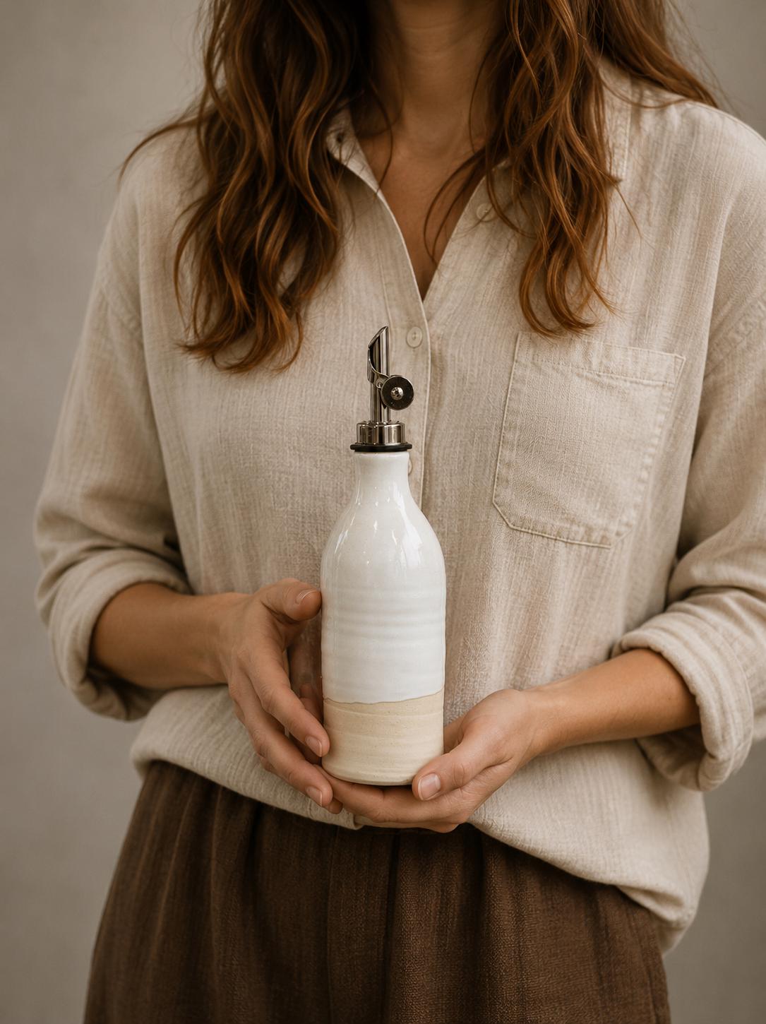 Handcrafted Ceramic White Dove Olive Oil & Vinegar Bottle Set | Stoneware Cruet Set | Farmhouse Kitchen Decor | Modern Oil Dispenser