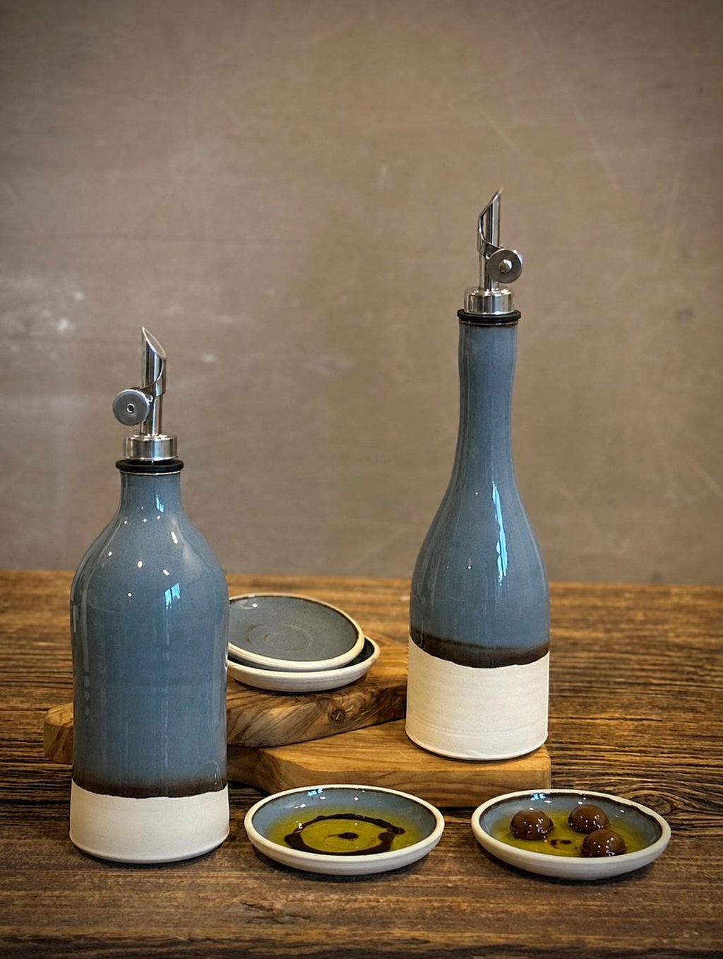 Handcrafted Ceramic RiverDrift Olive Oil & Vinegar Bottle Set | Stoneware Cruet Set | Farmhouse Kitchen Decor | Modern Oil Dispenser