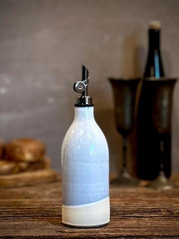 Handmade Ceramic Classic Olive Oil Dispenser | Linen Gray Stoneware Oil Pourer Bottle | Kitchen Counter Decor | Vinegar Cruet