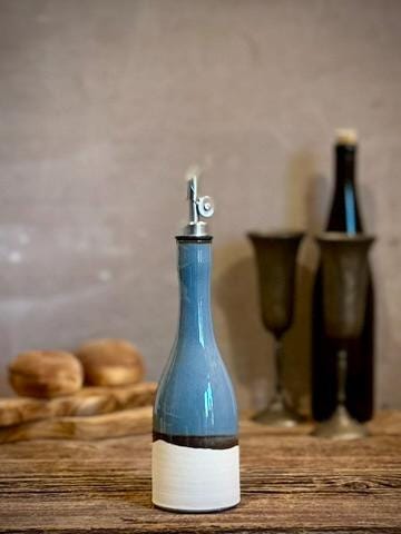 Handmade Ceramic Willow Olive Oil Dispenser | Riverdrift Stoneware Oil Pourer Bottle | Kitchen Counter Decor | Vinegar Cruet