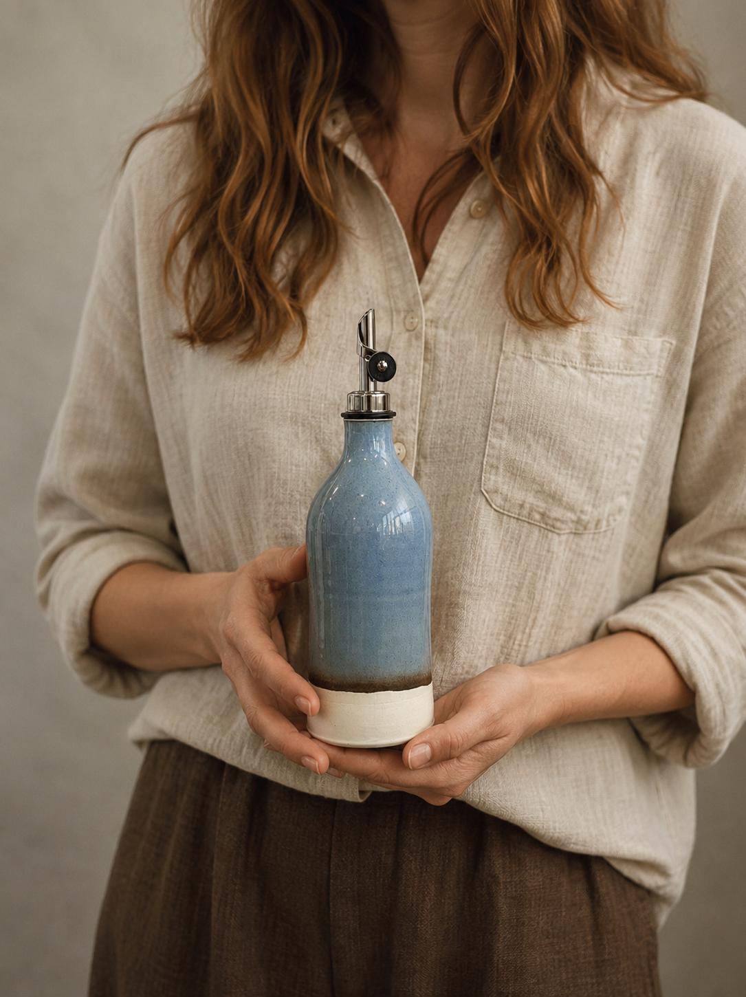 Handmade Ceramic Classic Olive Oil Dispenser | Riverdrift Stoneware Oil Pourer Bottle | Kitchen Counter Decor | Vinegar Cruet