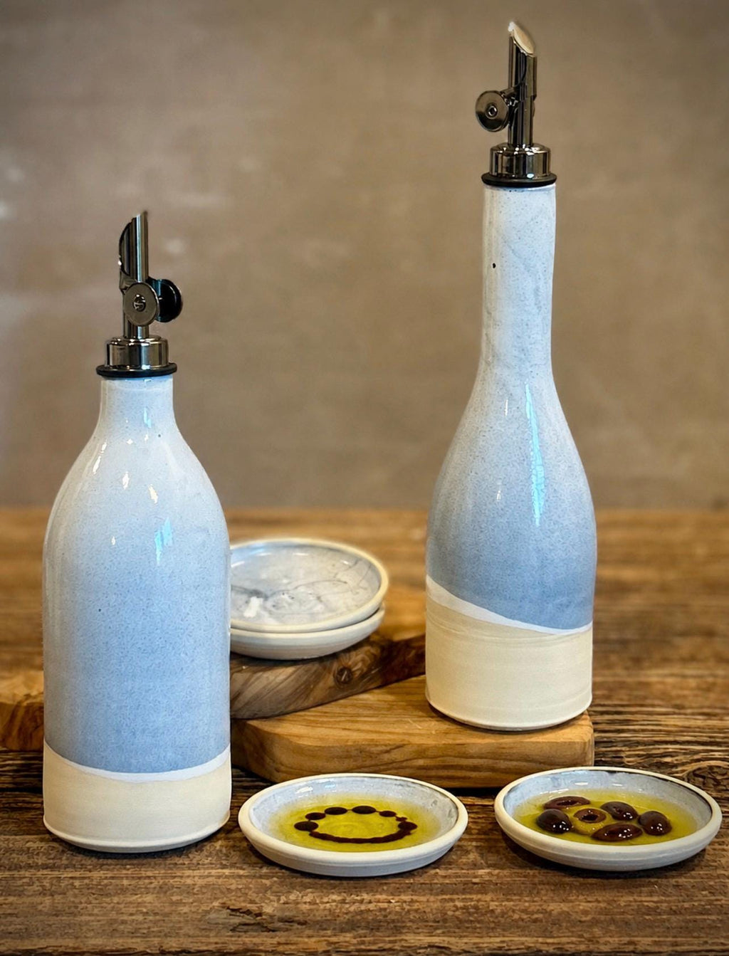 Handmade Ceramic Willow Olive Oil Dispenser | Linen Gray Stoneware Oil Pourer Bottle | Kitchen Counter Decor | Vinegar Cruet