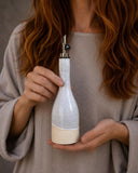 Handmade Ceramic Willow Olive Oil Dispenser | Linen Gray Stoneware Oil Pourer Bottle | Kitchen Counter Decor | Vinegar Cruet