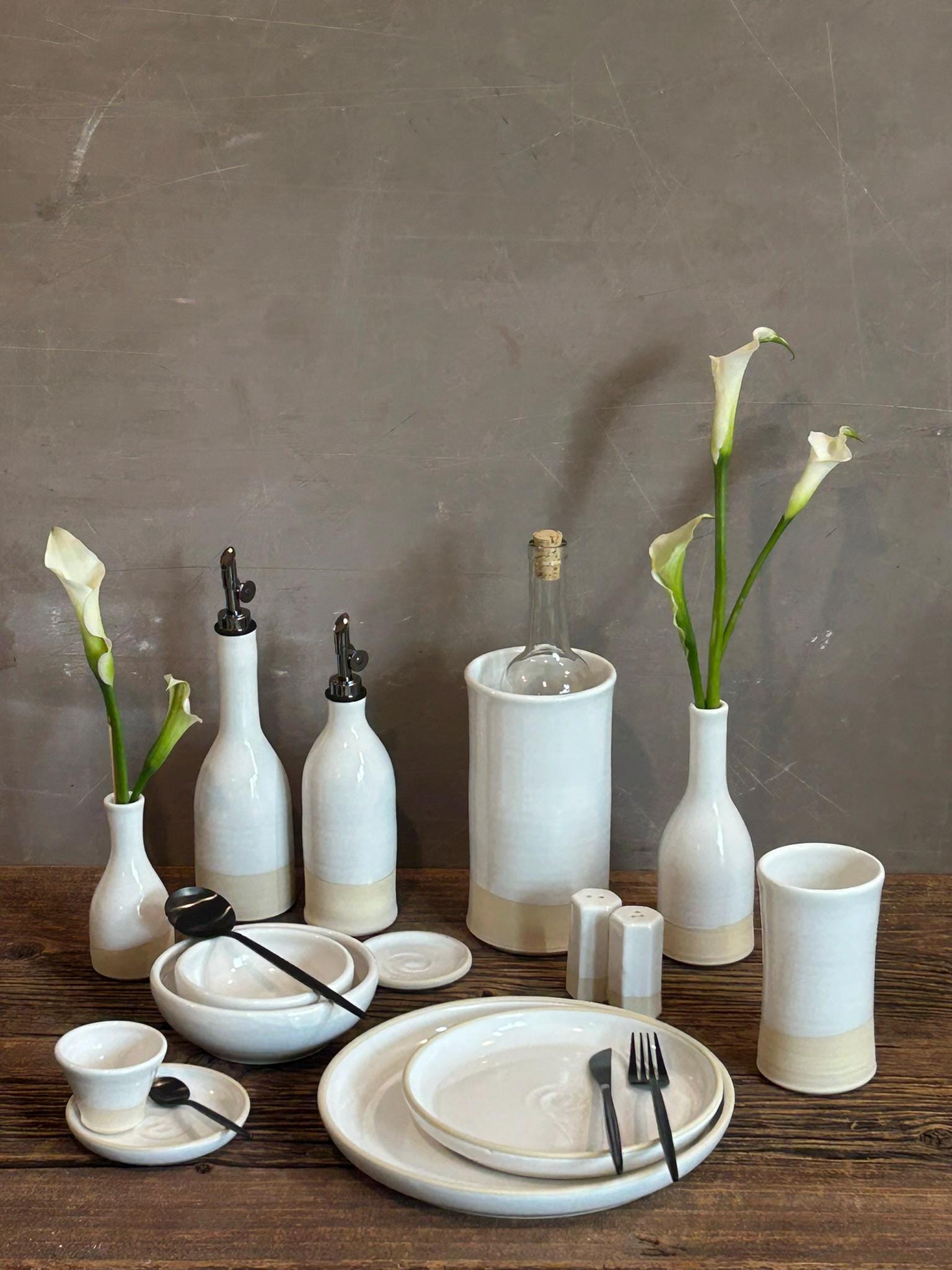 Handmade Ceramic Willow Olive Oil Dispenser | White Dove Stoneware Oil Pourer Bottle | Kitchen Counter Decor | Vinegar Cruet