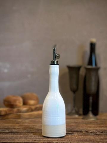 Handmade Ceramic Willow Olive Oil Dispenser | White Dove Stoneware Oil Pourer Bottle | Kitchen Counter Decor | Vinegar Cruet