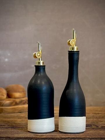Handmade Ceramic Willow Olive Oil Dispenser | Blackstone Stoneware Oil Pourer Bottle | Kitchen Counter Decor | Vinegar Cruet