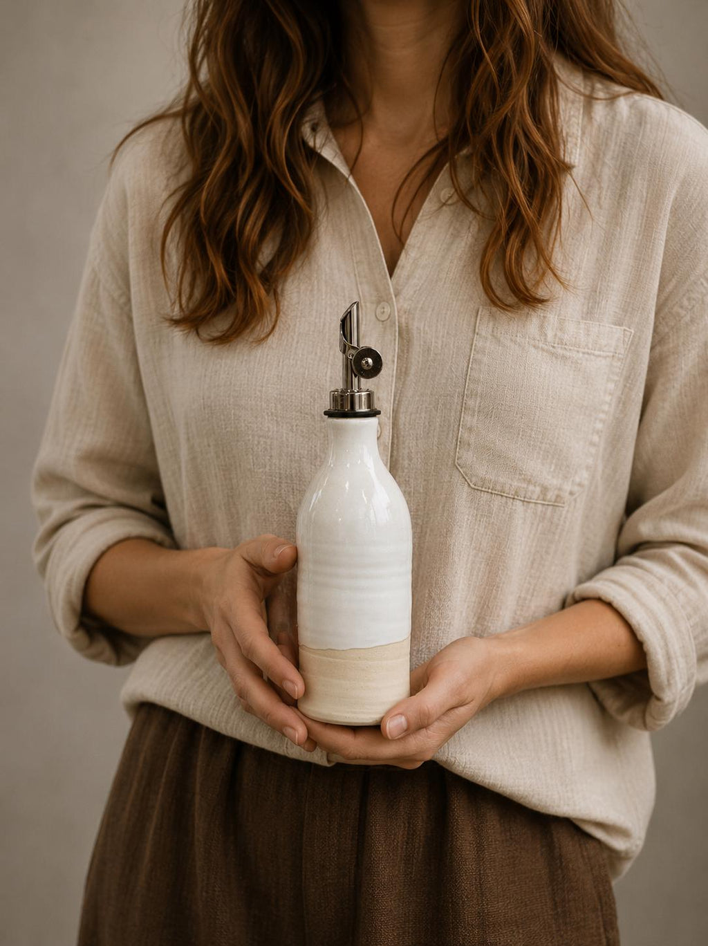 Handmade Ceramic Classic Olive Oil Dispenser | White Dove Stoneware Oil Pourer Bottle | Kitchen Counter Decor | Vinegar Cruet