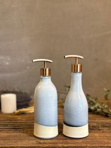 Handmade Ceramic Soap Dispenser SET of 2 | Linen Gray Customizable Bathroom Set | Kitchen Soap & Lotion Dispenser | Refillable Pottery Pump
