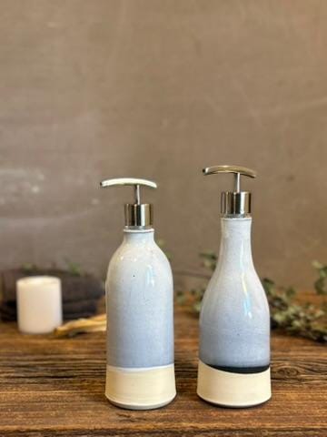 Handmade Ceramic Soap Dispenser SET of 2 | Linen Gray Customizable Bathroom Set | Kitchen Soap & Lotion Dispenser | Refillable Pottery Pump