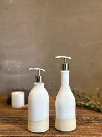 Handmade Ceramic Soap Dispenser SET of 2 | White Dove Customizable Bathroom Set | Kitchen Soap & Lotion Dispenser | Refillable Pottery Pump