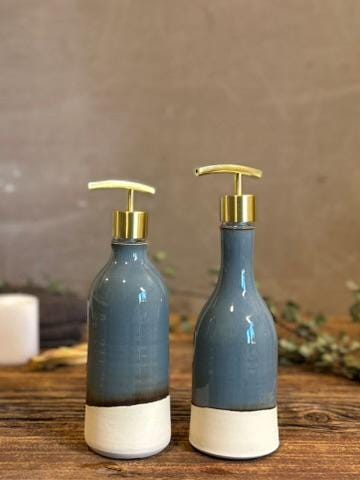 Handmade Ceramic Soap Dispenser Set of 2 | Rverdrift Blue Customizable Bathroom Set | Kitchen Soap & Lotion | Refillable Pottery Pump