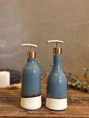 Handmade Ceramic Soap Dispenser Set of 2 | Rverdrift Blue Customizable Bathroom Set | Kitchen Soap & Lotion | Refillable Pottery Pump